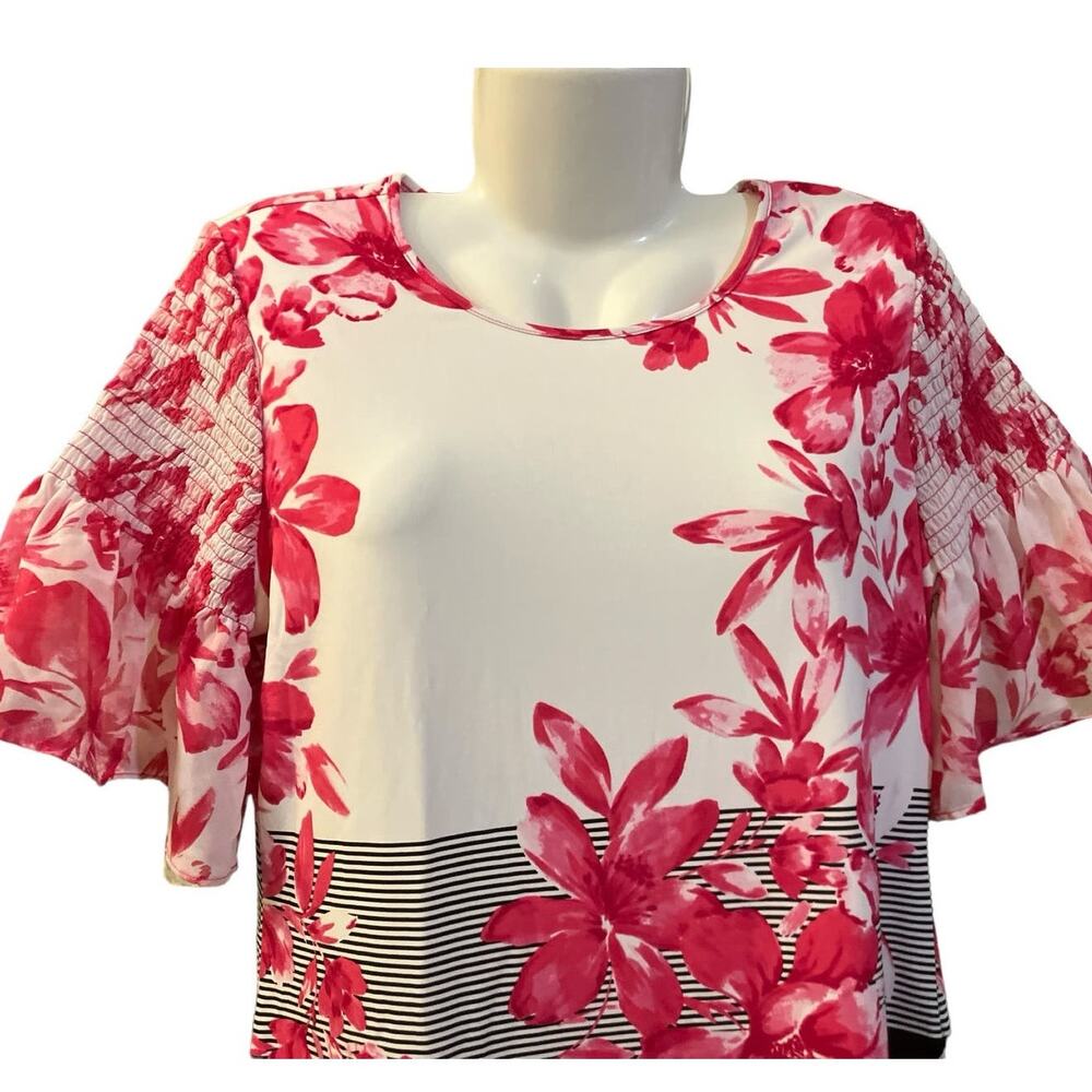 Calvin Klein Women's Pink/Blk/White Floral Striped Flutter Sleeve Bouse | Size M - Picture 7 of 11